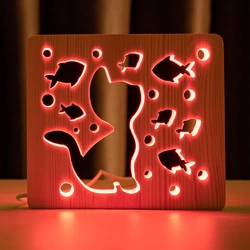 Світильник нічник ArtEco Light з дерева LED &quot;Кіт та рибки&quot; з пультом та регулюванням кольору, RGB