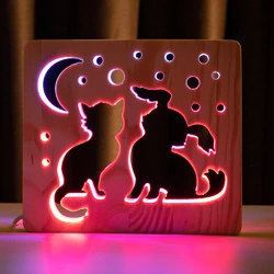 Світильник нічник ArtEco Light з дерева LED &quot;Кіт та песик&quot; з пультом та регулюванням кольору, подвійний RGB