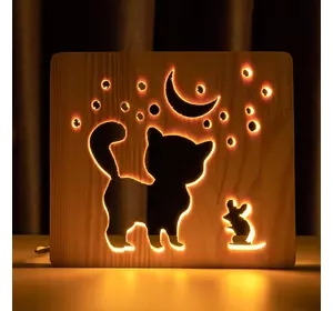 Світильник нічник ArtEco Light з дерева LED &quot;Кіт та мишка під місяцем&quot; з пультом та регулюванням світла, колір теплий білий