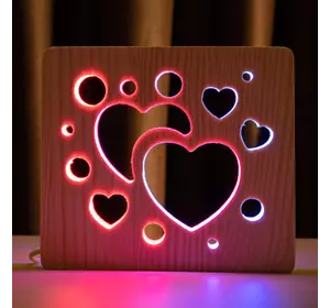 Світильник нічник ArtEco Light з дерева LED &quot;Сердечка&quot; з пультом та регулюванням кольору, подвійний RGB